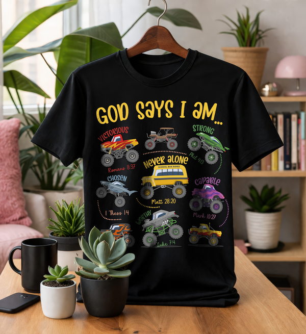 God Says I Am Monster Truck DTF Transfer